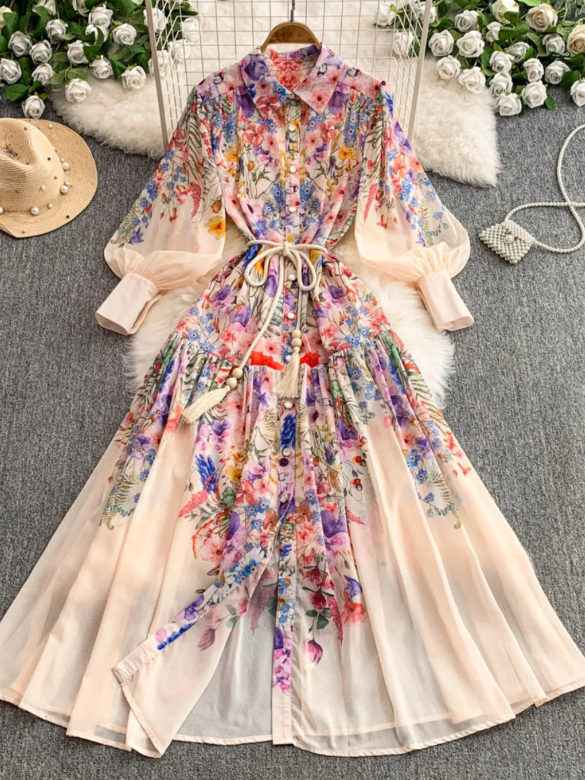 Faionable Print Long Dr Women's Spring Belted Waist Pleated Lantern Sve Turn-down Collar Dr Korean Sle Commute