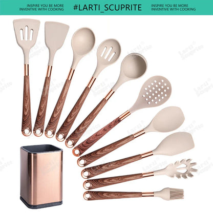 Good Quality Silicone Kitchen Utensils Set Rose Gold Plated Handle Cooking Tool Non-stick Heat Resistant Kitchenware Accessories