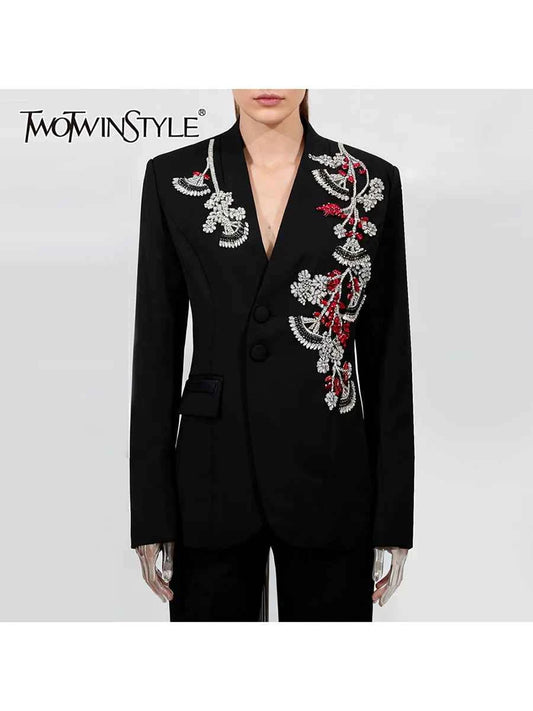 TWOTWINSTYLE Solid Spliced Bead Flower Temperament Blazers for Women V Neck Long Sleeves Patchwork Single Breasted Blazer Female