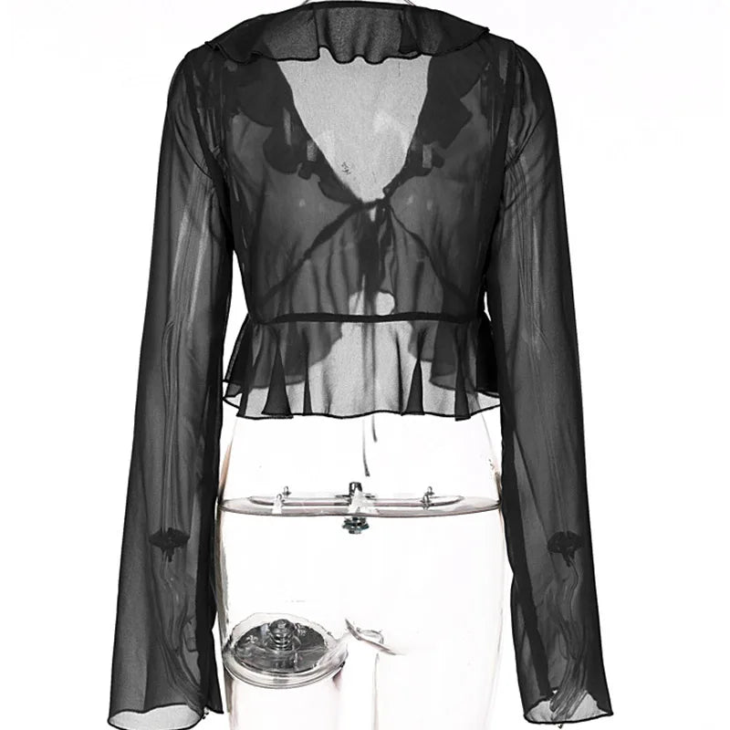 Vintage 90s Streetwear Ruffles Trim Green Chiffon T-shirts Y2K Fashion Sexy Deep V Lace Up Long Sleeve Tops Transparent - AMULET RING STORE