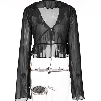 Vintage 90s Streetwear Ruffles Trim Green Chiffon T-shirts Y2K Fashion Sexy Deep V Lace Up Long Sleeve Tops Transparent - AMULET RING STORE