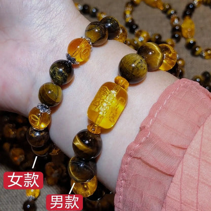 Natural Tiger's Eye Stone Three-sided God of Wealth Bracelet Auspicious Lucky Lucky Safe Men's and Women's Hand String Couple's