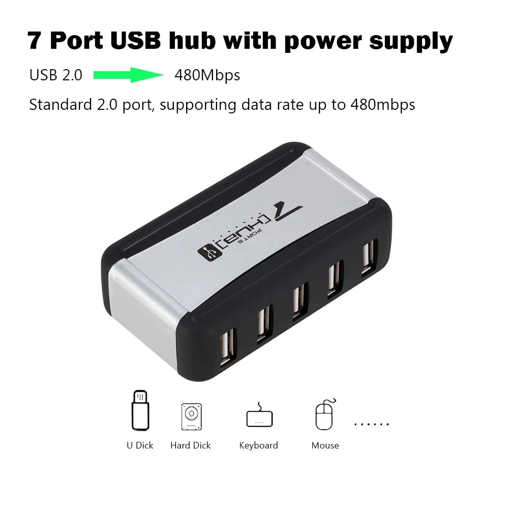 Vertical 7-Port USB 2.0 Hub Multi USB Splitter with Power Adapter PC Accessories