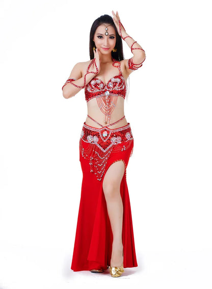 Hot Selling Ladies Beaded Sequins Belly Dance Accessories Belts + Bra Samba Costume Club Bra