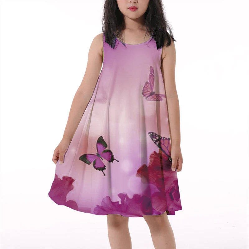 Children's Clothing Butterfly Round Neck Sleeveless Dress Off Shoulder Knee Length - AMULET RING STORE