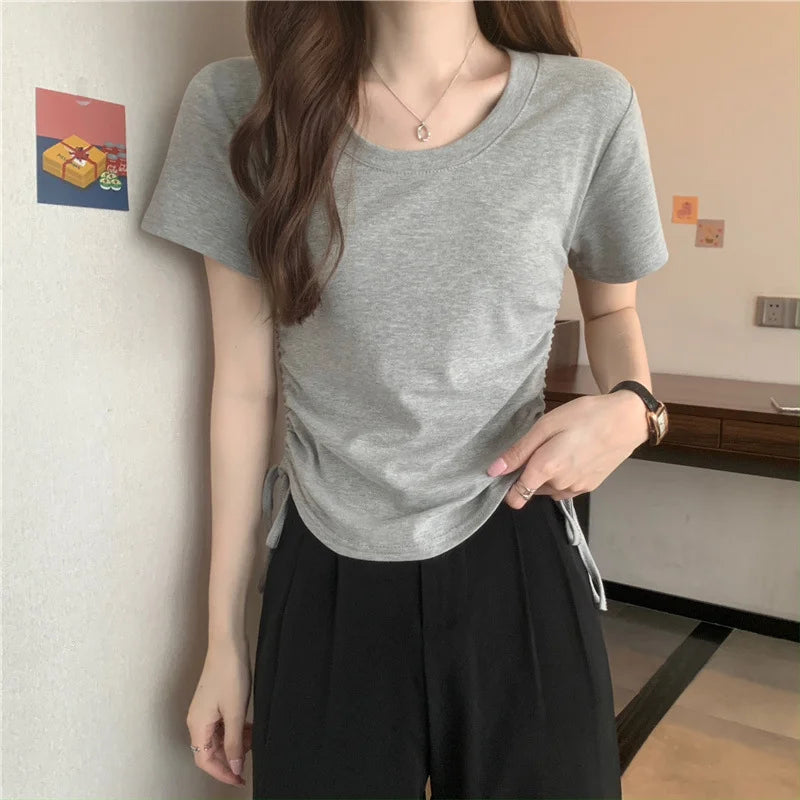 Drawstring Short Sleeve T-shirt Women Spring Summer Spicy Style Slim Fit Short Unique Top M L Xl 2XL Korean Casual Style - AMULET RING STORE