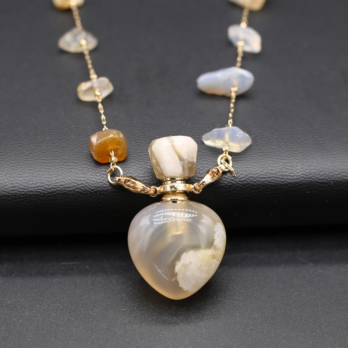 Perfume Bottle Necklace Natural Stone Cherry Blossom Agate Perfume Bottle Pendant For Women Christmas Halloween Gift Chain 80cm - AMULET RING STORE
