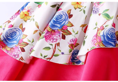 Summer Girls Rose Print Dress Princess Wedding Birthday Party Frocks Satin Children Vestidos Dresses For Girl Christmas Clothing