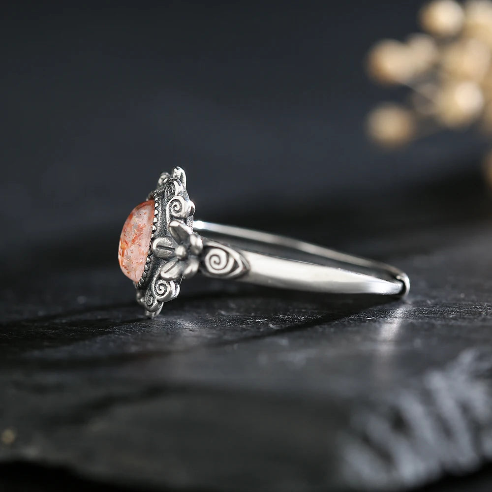 Natural Sunstone Ring S925 Silver Vintage Handmade Adjustable Bands Birthstone Healing Crystal Floral Boho Jewelry Gifts - AMULET RING STORE