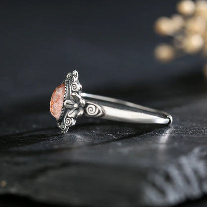 Natural Sunstone Ring S925 Silver Vintage Handmade Adjustable Bands Birthstone Healing Crystal Floral Boho Jewelry Gifts - AMULET RING STORE