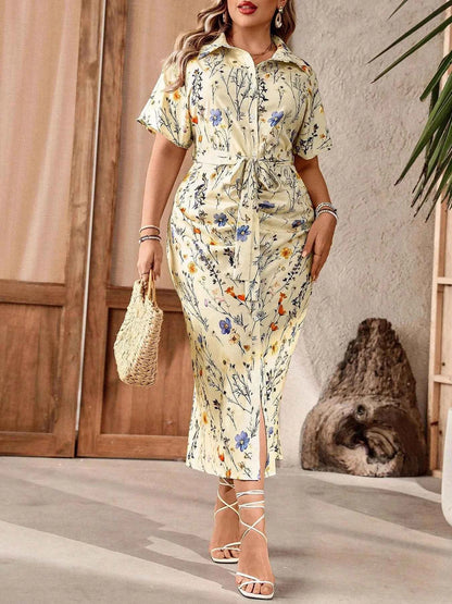 【Plus Size】 Floral Print Belted Wrap Dress, Modest Elegant V Neck Short Sleeve Dress for Women, Women's Plus Clothing for Summer