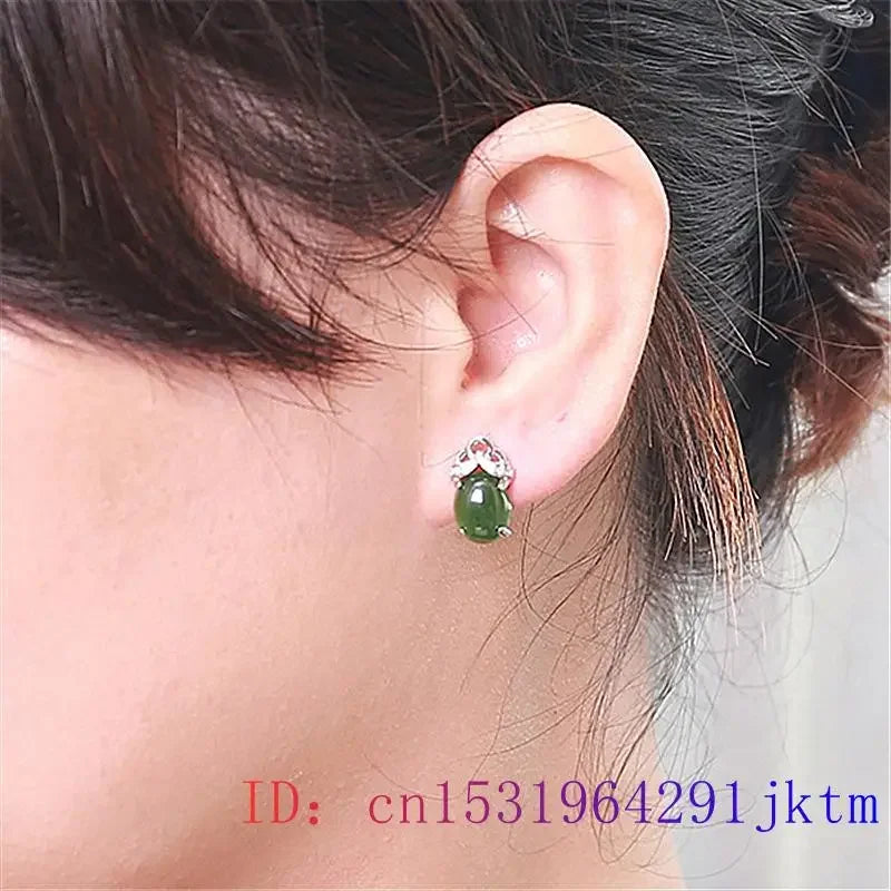 Green Jade Ear studs Zircon 925 Silver Amulet Natural Earring Chalcedony Women Crystal Jewelry Fashion Gifts Gemstone