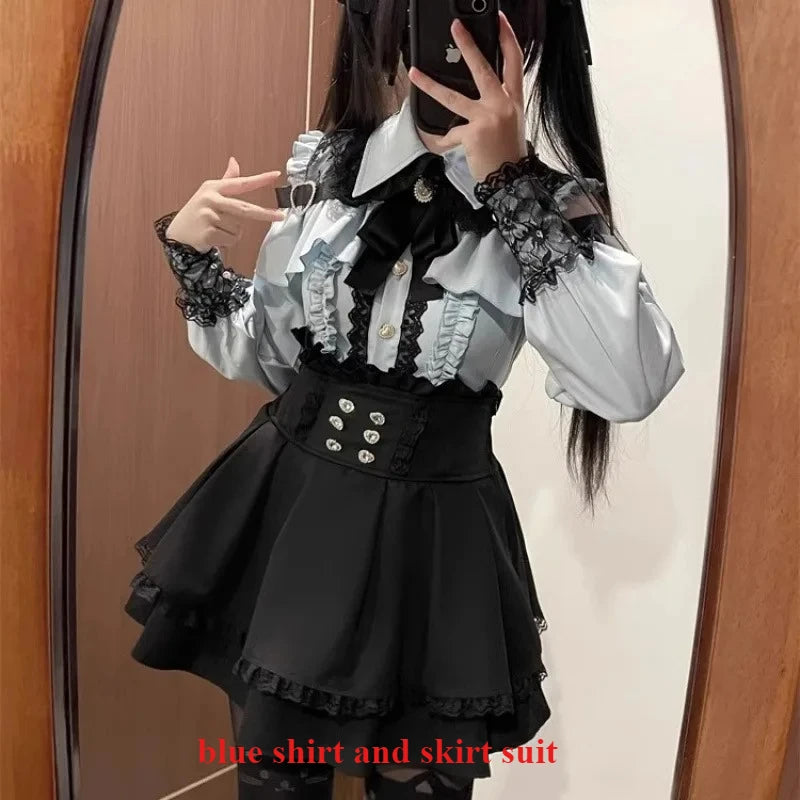 Sweet Gothic Lolita Two Piece Set, Off Shoulder Blouse + High Waist Skirt, Kawaii Tri-color Lace Coord Outfit for Women & Teens