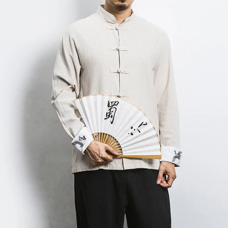 New Crane Embroidery Top Traditional Chinese Clothing for Men Vintage Half Sleeve Linen Shirts Solid Madarin Collar Hanfu Kungfu