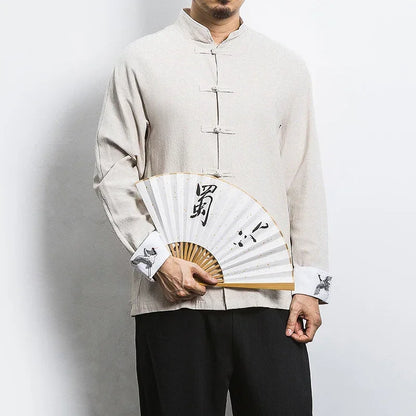 New Crane Embroidery Top Traditional Chinese Clothing for Men Vintage Half Sleeve Linen Shirts Solid Madarin Collar Hanfu Kungfu