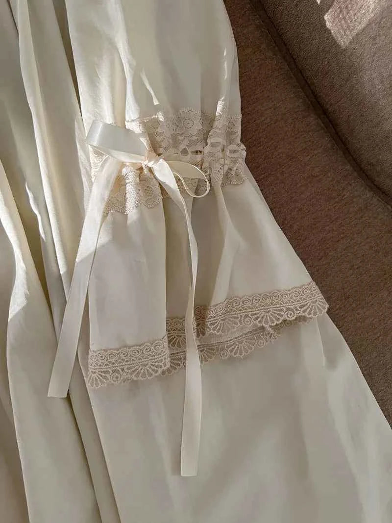 Vintage Embroidery Cotton Long Nightgowns For Lady Lace  Long Sleeve Beige Elegant Nightshirts Comfortable Sexy Night Dress