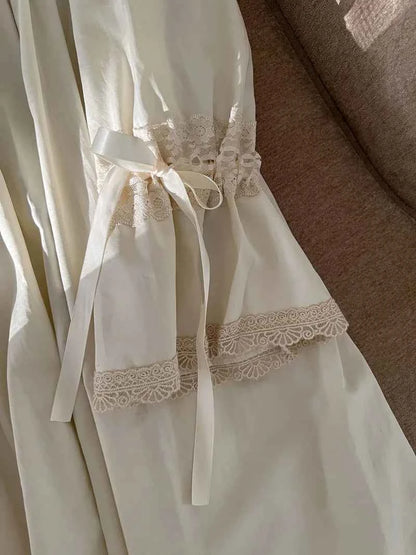 Vintage Embroidery Cotton Long Nightgowns For Lady Lace  Long Sleeve Beige Elegant Nightshirts Comfortable Sexy Night Dress