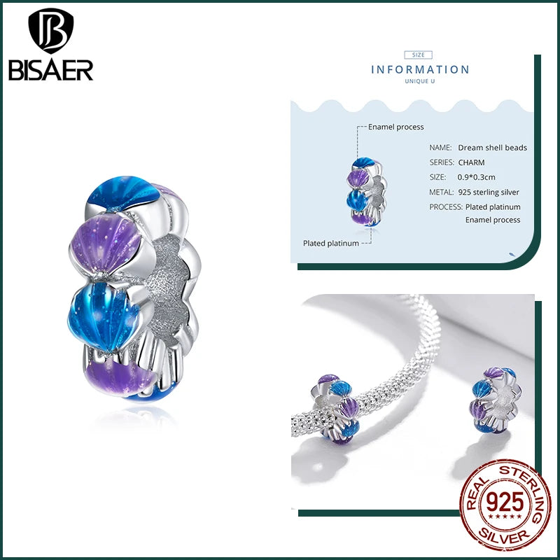 BISAER 925 Sterling Silver Charm Ocean Style Fish Dolphin Mermaid Shell Blue CZ Bead For Necklace&Bracelet DIY Fine Jewelry Gift - AMULET RING STORE
