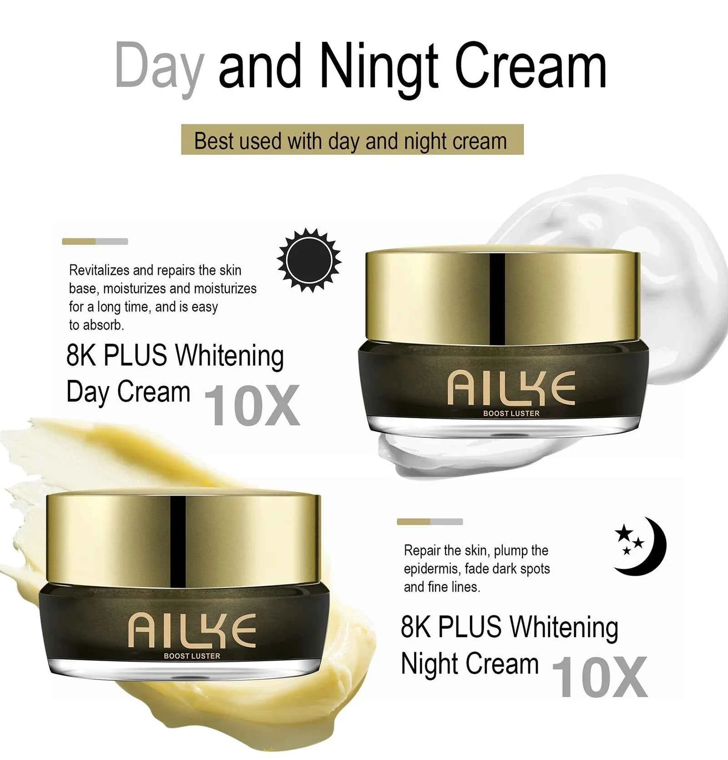 AILKE Whitening Face Cream, Antioxidant, Reduce Dark Spots, Inhibit Melanin, Anti-aging, With Collagen, Niacinamide, Glutathione