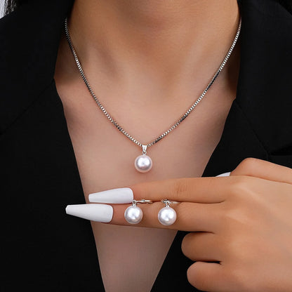 LATS 3 Pcs/Set Round Pearl Pendant Necklace For Women Exquisite Fashion Rhinestone Double  Earring Wedding Jewelry Set Gift