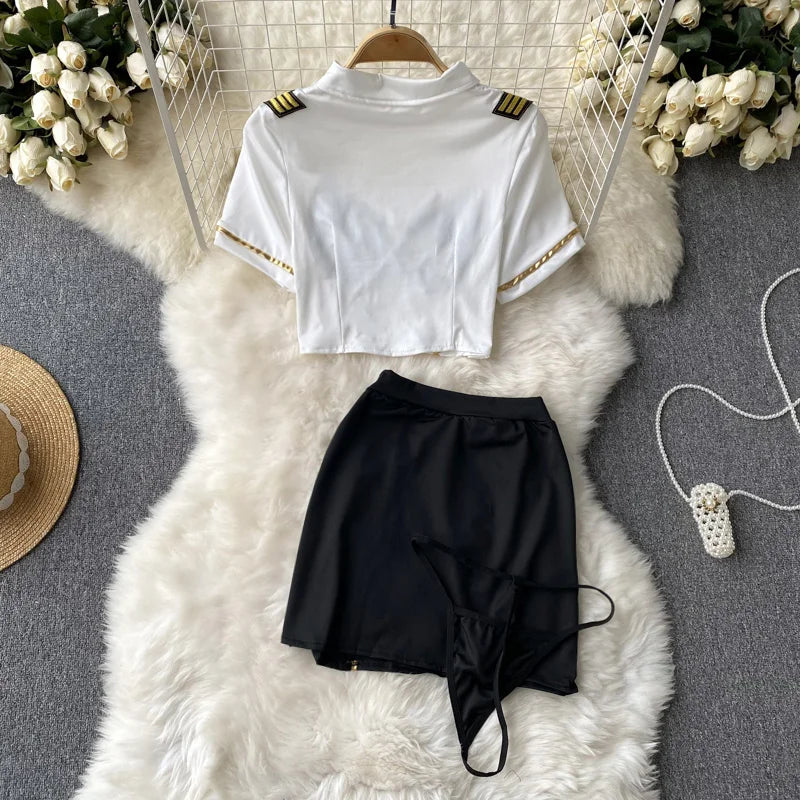 Women Sexy Hollow Skirts Suits Lace Patchwork Turn-down Collar Tops Mini Skirt Underpants 3 Pieces Erotic Pajamas Sets Cosplay - AMULET RING STORE