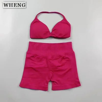 WHENG 2PCS Yoga Fitness Suit Women's Seamless Lace-Up Yoga Bra Top High Waist Workout Scratch Shorts Sports Suit Fitness Suit