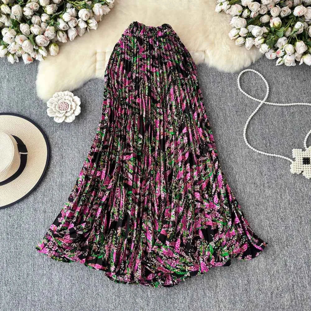 Chiffon A-Line Midi Skirt Women's Autumn 2025 New Sle Cover Hip Draped Large Swing Umbrella Skirt Pleated Floral Skirt