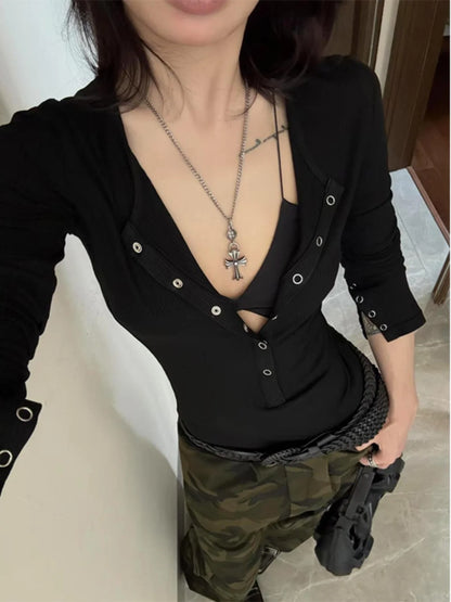 American Sle Hot Girl Long Sve T-irt Women Early Spring Inner Wear Slim Fit Tight Waist Top f Open Collar ort Sle