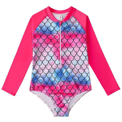 European American Style Mermaid Swimsuit Baby Girls Long Sleeves One-piece Swimsuit Hot Spring Fish Scale Kids Swimsuit 4-12Y - AMULET RING STORE
