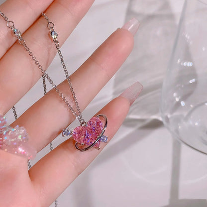 Korean Fashion Pink Crystal Heart Bow Tie Pendant Necklace Silver Color Chain Neck Necklace for Women Wedding Aesthetic Jewelry
