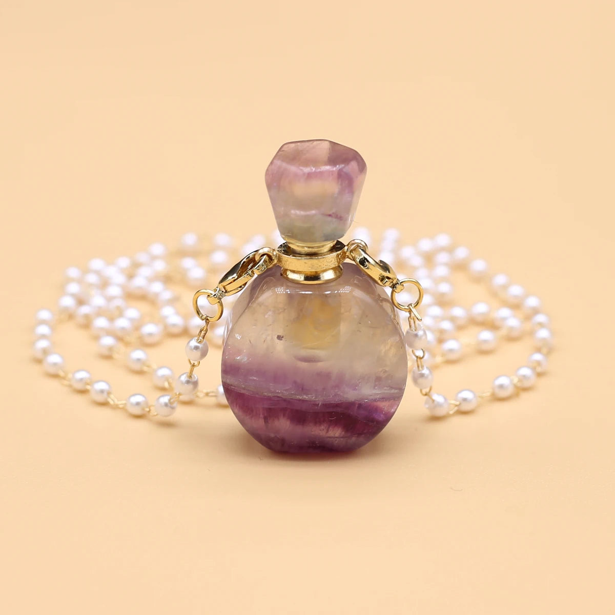 Natural Amethysts Perfume Bottle Pendant Necklace Pearl Chains Essential Oil Diffuser Agates Pendant Necklace For Women Jewerly - AMULET RING STORE