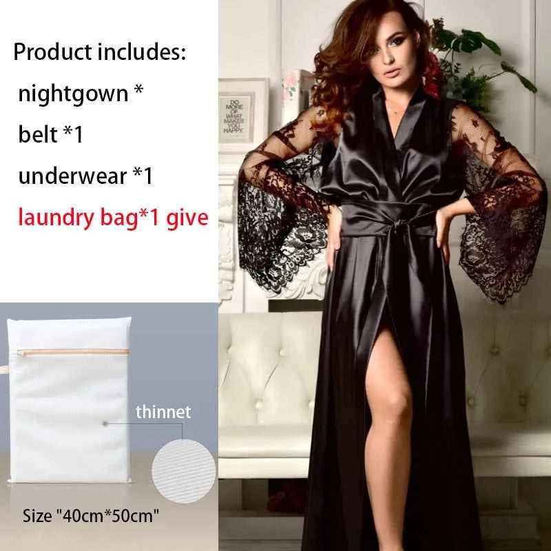 Sexy Nighties Lingerie Plus Size Pajamas Gown Imitation Ice Silk Lace Long Sleeve Women's Pajamas Panty Belt Set Sexy Goods