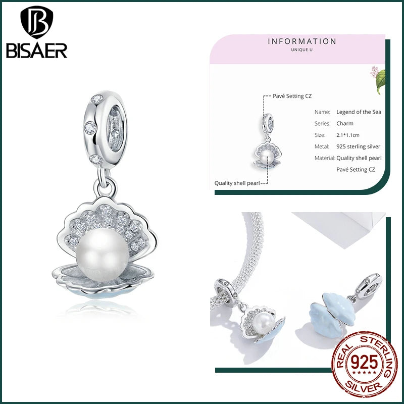 BISAER 925 Sterling Silver Charm Ocean Style Fish Dolphin Mermaid Shell Blue CZ Bead For Necklace&Bracelet DIY Fine Jewelry Gift - AMULET RING STORE