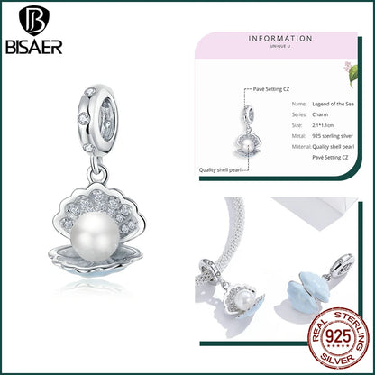 BISAER 925 Sterling Silver Charm Ocean Style Fish Dolphin Mermaid Shell Blue CZ Bead For Necklace&Bracelet DIY Fine Jewelry Gift - AMULET RING STORE