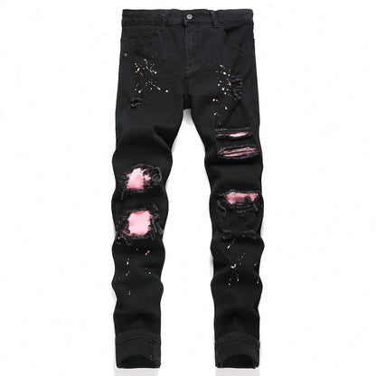 Men y2k Stretchy Skinny Denim Jeans For Men Casual pants Ripped Patchwork Hole Slim Fit Denim Hip Hop Black Straight Trousers