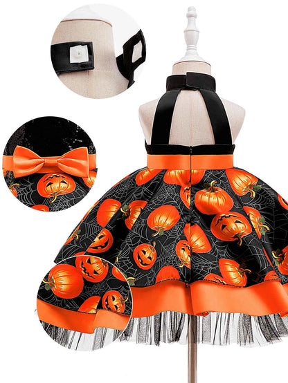 Baby Girl Halloween Costume 0-3 Yrs Little Girl Fantasy Dress Children Pumpkin Skeleton Print Fluffy Gown Kids Cute Orange Frock