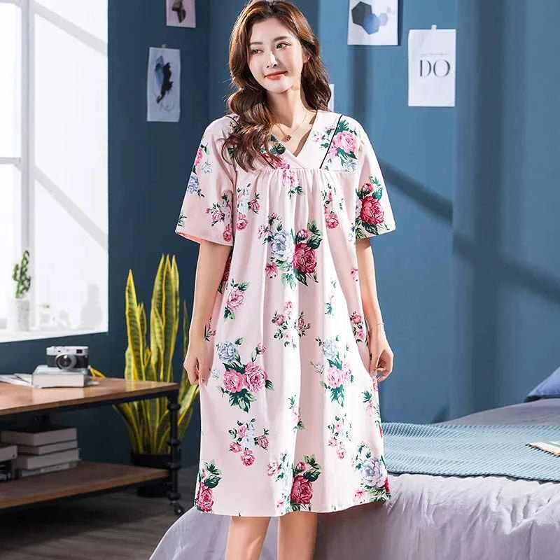 2025 Summer Small Floral Night Dress Women Nightgown Big Yards 3XL Sleepshirts Short-sleeves Nightie Nightdress Cotton Sleepwear