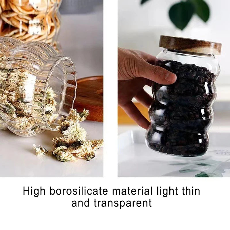 Wood Lid Striped Glass Storage Bottles Sealed Jar Tea Coffee Beans Grains Candy Jars Organizer Kitchen Food Glass Containers - AMULET RING STORE