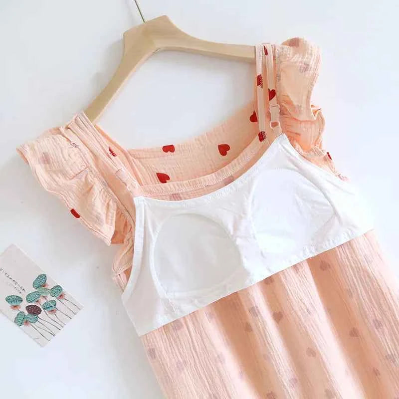 2025 Summer Women's New Sleeping Skirt 100% Cotton Crepe Wood Ear Edge Tank Top Skirt Love Belt Chest Cushion Home Dress Ladies