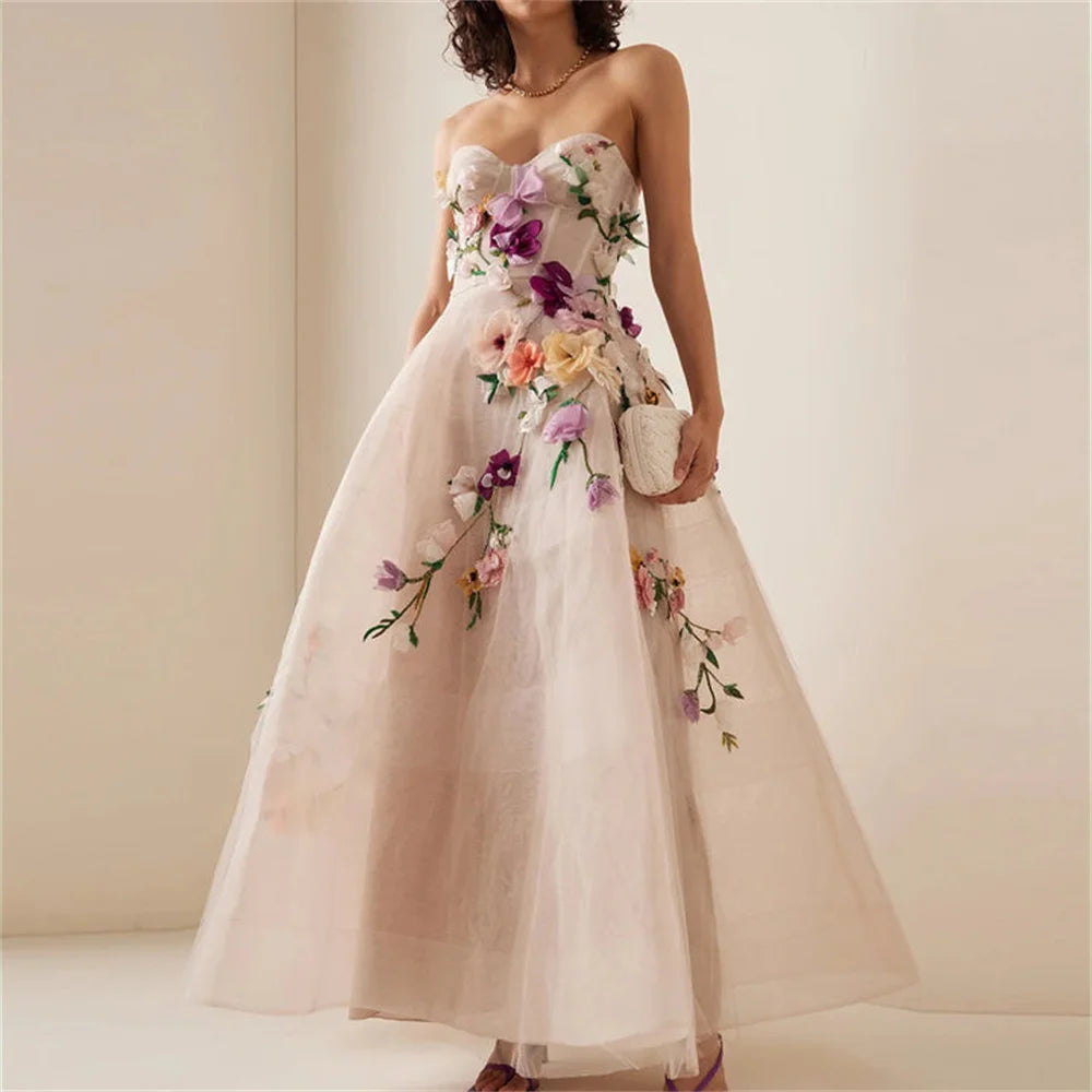 Bella Customized A-Line 3D Flowers robes de soirée Ankle-Length Strapless Evening Dresses Wedding Party V Neck Wedding Dress - AMULET RING STORE