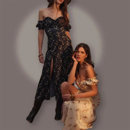 Summer Floral Off Shoulder Puff Sleeve Maxi Dress For Woman Robe Sexy Lace Up Side Split Chic Mid-Calf Aesthetic Dress