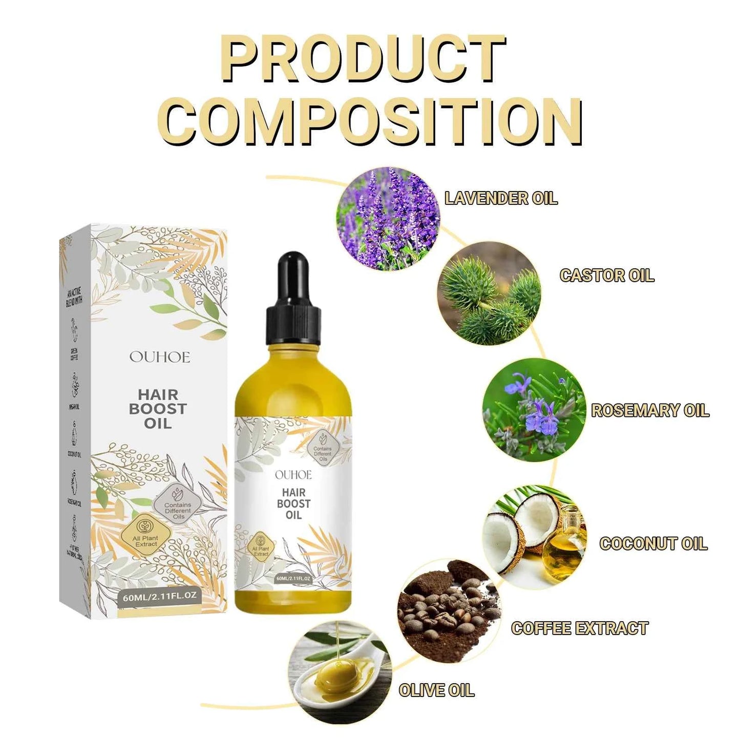 OUHOE Hair Boost Oil Dense Hair 2.11fl.oz (60ml) Makes Hair Thicker Healthier Promoting Hair Regeneration Caring Essential Oils