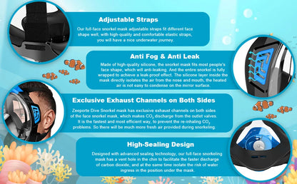 Full Face Snorkel Mask with Latest Dry Top Breathing System Detachable Camera Mount for Adults Panoramic View Anti-Leak Anti-Fog - AMULET RING STORE