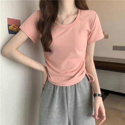 Drawstring Short Sleeve T-shirt Women Spring Summer Spicy Style Slim Fit Short Unique Top M L Xl 2XL Korean Casual Style - AMULET RING STORE