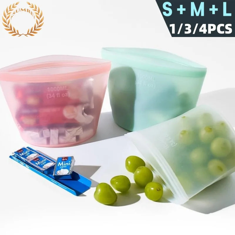 1/3/4Pcs/Pack Silicone Storage Bag,Reusable Food Grade Fresh-keeping Zipper Bags,BPA Free,Leakproof,Microwave&Dishwasher Safe - AMULET RING STORE