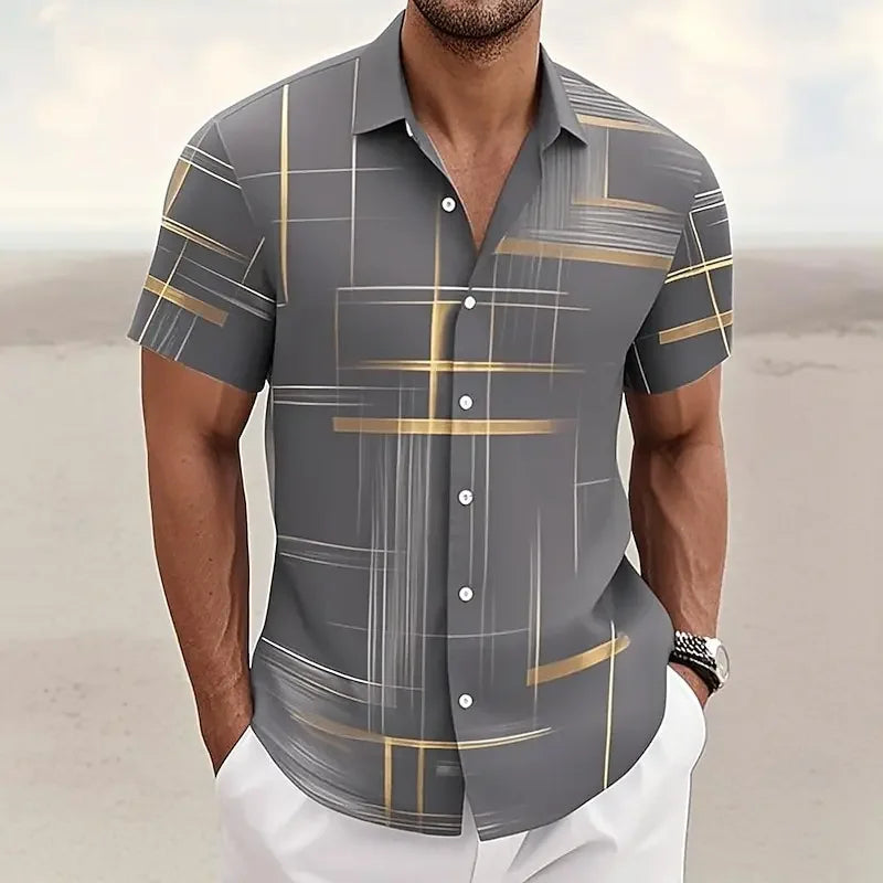 Men's Geometric Plaid Button Shirt Casual Fashion Outdoor Vacation Street Trend Shirt 3D Printed Short Sleeve Shirt