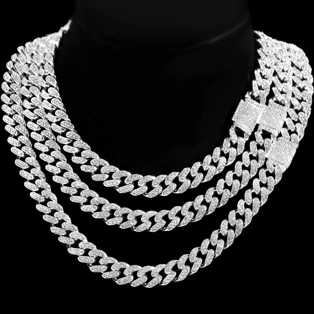 Iced Out Bling AAA Rhinestones Prong Cuban Link Chain Men's Necklace 2 Row Crystal Curb Cuban Chain Hip Hop Jewelry 13/14/20MM - AMULET RING STORE