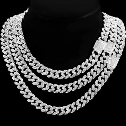Iced Out Bling AAA Rhinestones Prong Cuban Link Chain Men's Necklace 2 Row Crystal Curb Cuban Chain Hip Hop Jewelry 13/14/20MM - AMULET RING STORE