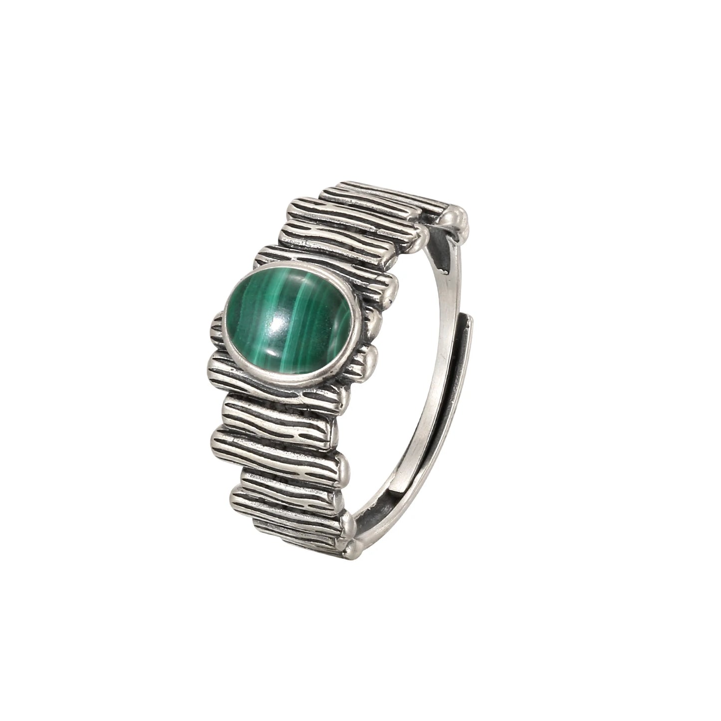S925 Adjustable Malachite Ring Natural Gemstone Jewelry Textured Boho Silver Ring for Women, Healing Crystal Gift 925 Sterling - AMULET RING STORE