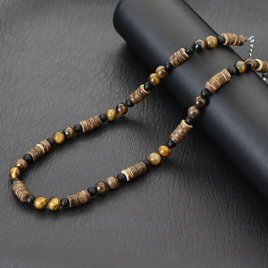 Natural Coconut Husk Wooden Necklace For Men 18 Inches Short Collar Volcanic Rock Tiger Eyes Stone Colar Jewelry Gift For Him